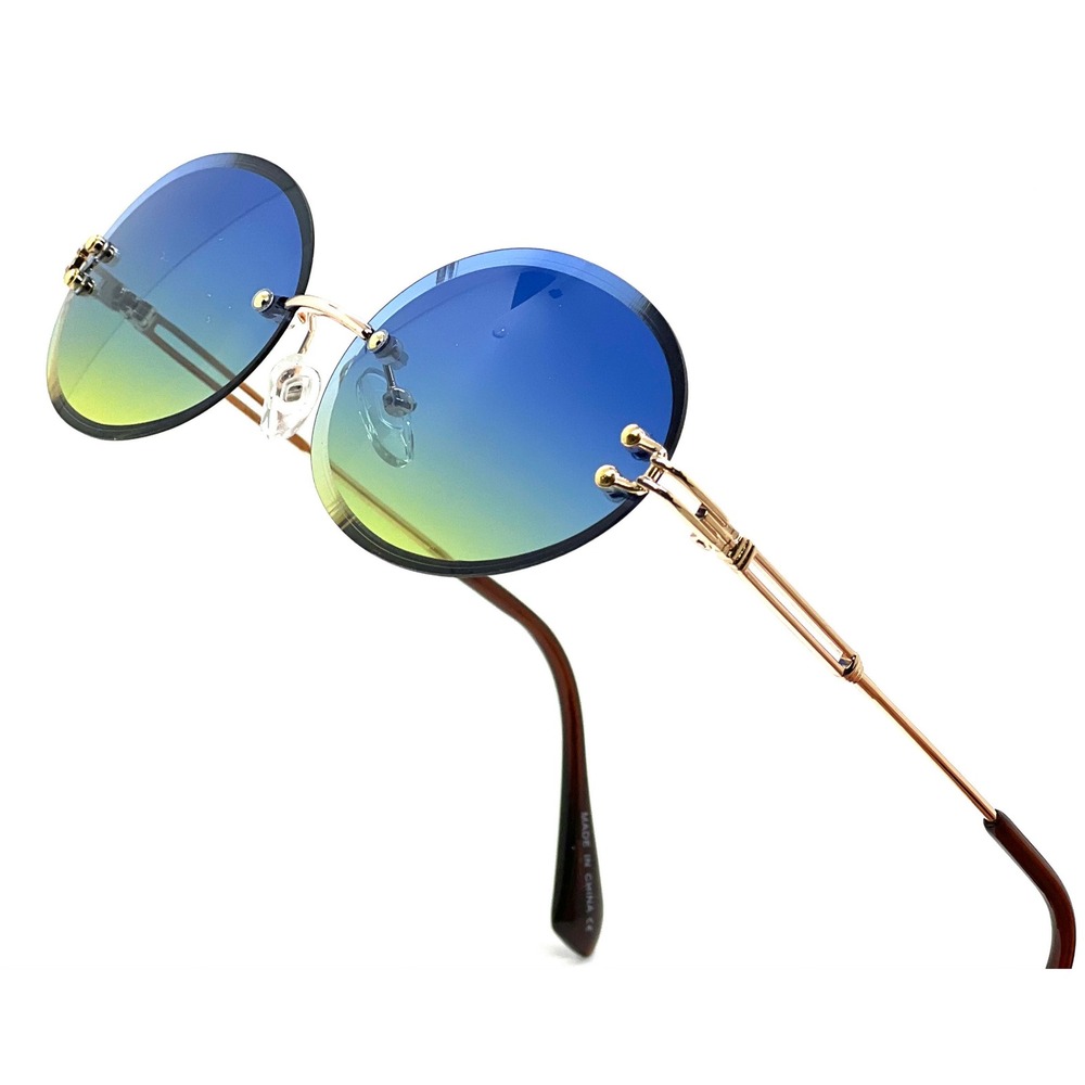 Rimless‎ Oval Sunglasses Blue Yellow Gradient Lens Gold Accents Fashion Luxury